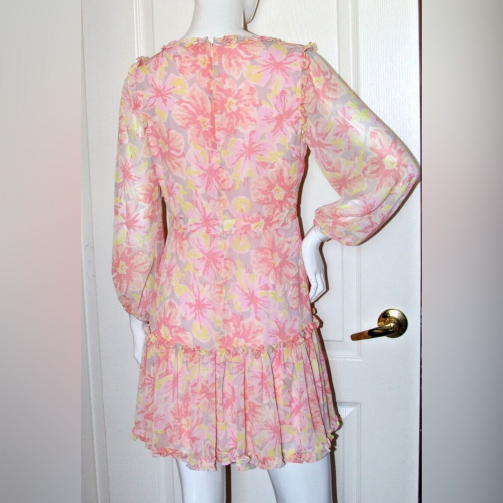 LIKELY | Mia Dress in Peach/ Pink Floral Mini Ruffle Dress Size 6 - Picture 4 of 6